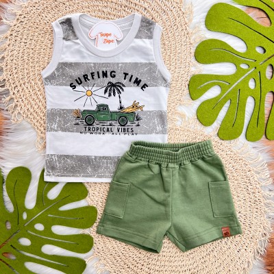  Conj. Regata Surfing Time e Bermuda em Moletinho - Mescla e Verde